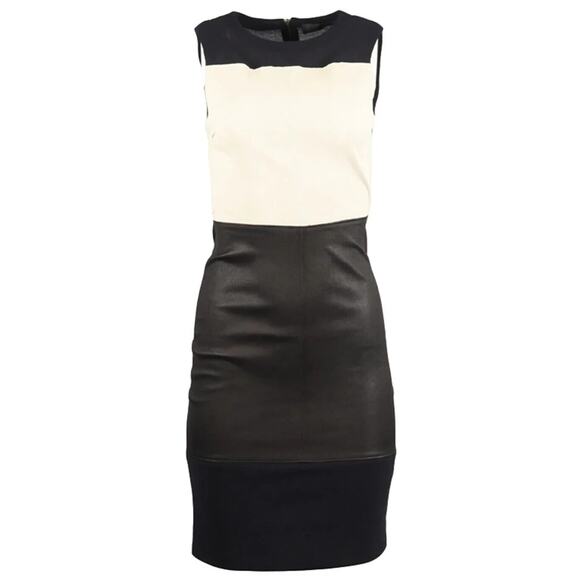 A.L.C. Curil Colorblock Lambskin Leather Sheath Dress Black Cream Sleeve… - Picture 1 of 12